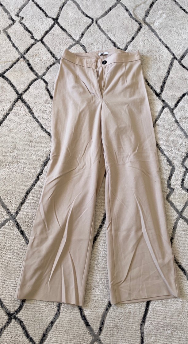 Düğmeli Bej Keten Kadın Pantolon - Görsel 2