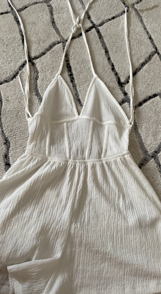 Kadın Beyaz Keten Dantel Detaylı Askılı Tulum - Görsel 4