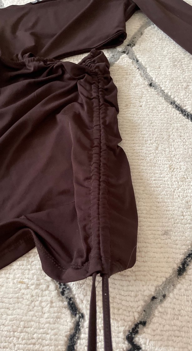 Tek Omuzlu Kahverengi Midi Elbise - Görsel 2