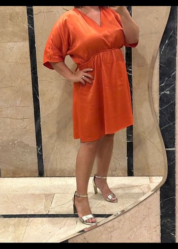 Turuncu V Yaka Salaş Hamile Elbisesi - Görsel 3