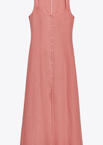 Zara Zara Marka Düğmeli Pembe Keten Uzun Elbise