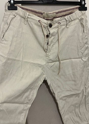 Düğmeli Rahat Kesim Beyaz Keten erkek Pantolon - Görsel 2