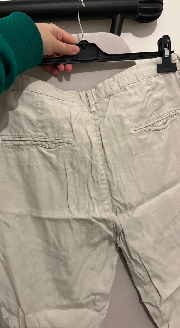 Düğmeli Rahat Kesim Beyaz Keten erkek Pantolon - Görsel 5