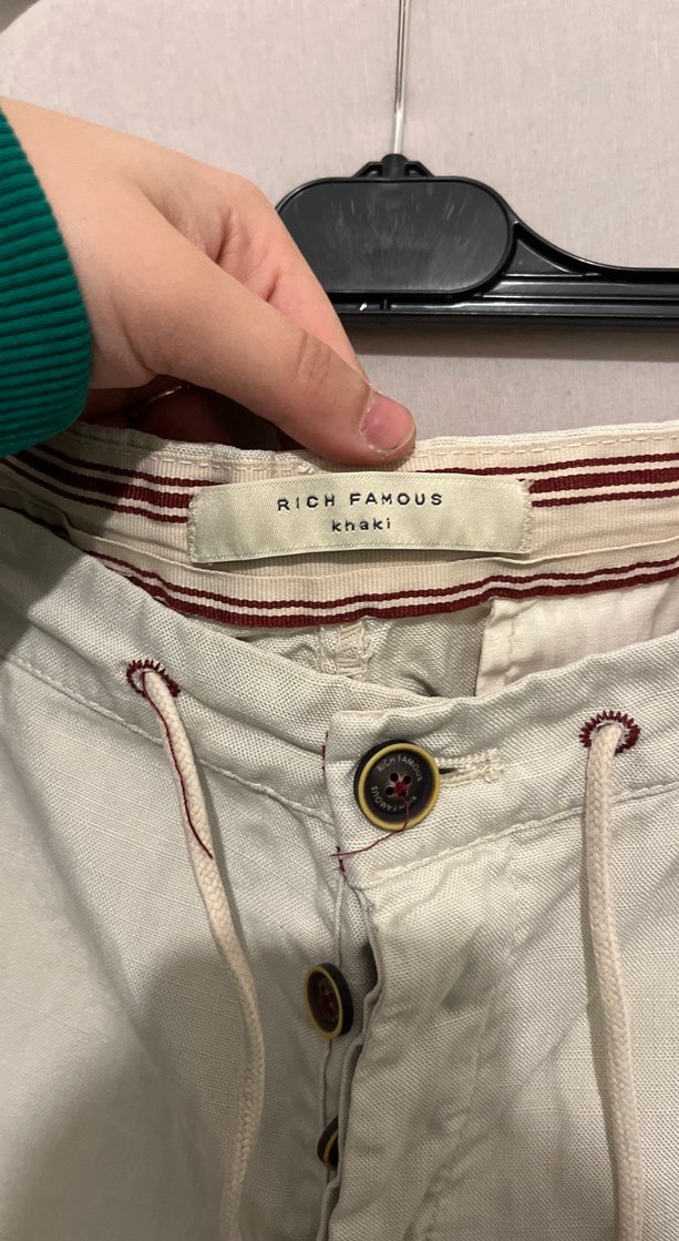 Düğmeli Rahat Kesim Beyaz Keten erkek Pantolon - Görsel 4