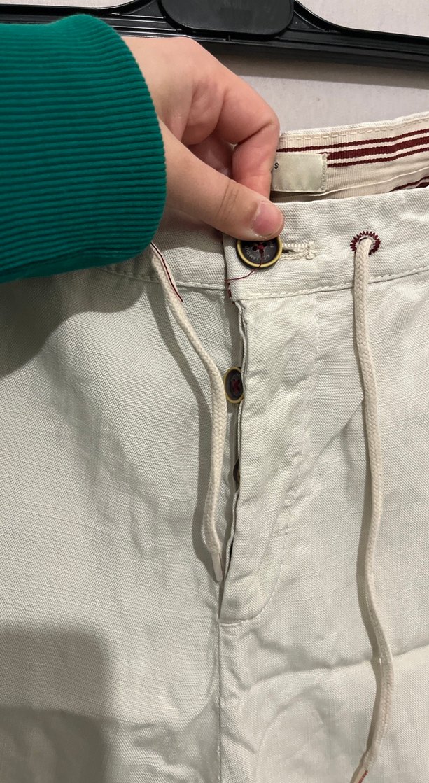 Düğmeli Rahat Kesim Beyaz Keten erkek Pantolon - Görsel 3