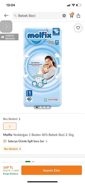 1 Beden: 2-5 kg Beden Renk MOLFİX BEBEK BEZİ 1 beden 44 adet