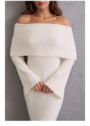 Kadın krem  Uzun Triko Elbise - Görsel 2