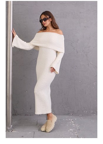 Kadın krem  Uzun Triko Elbise - Görsel 3