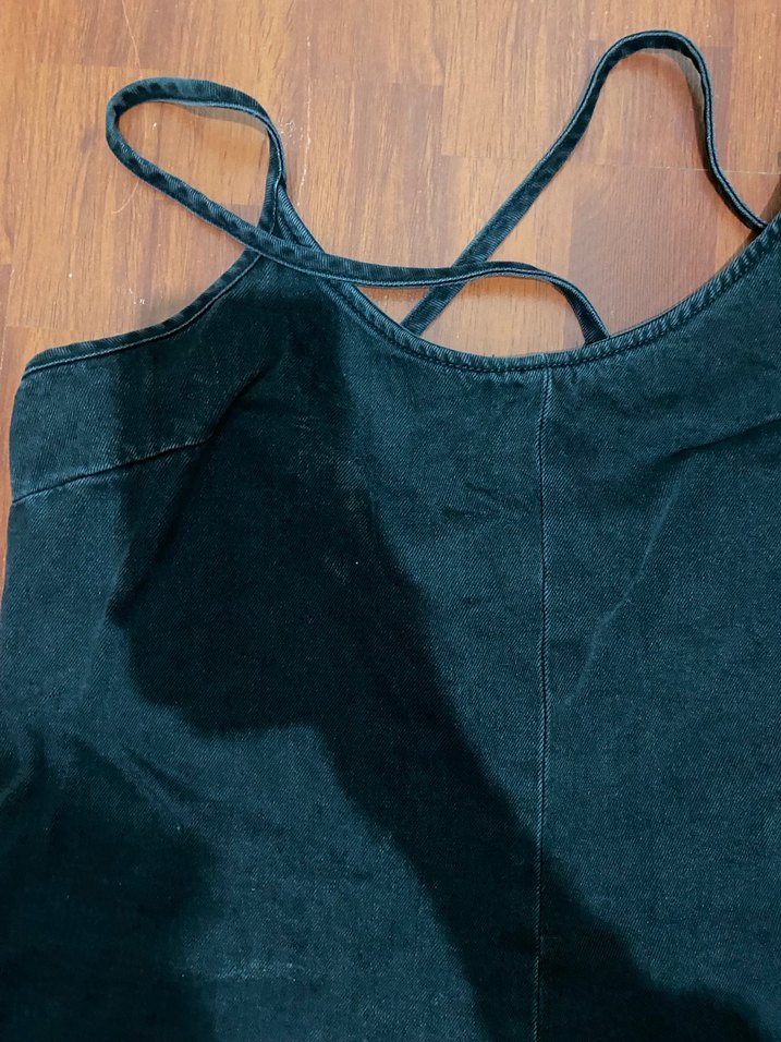 Siyah Kot Kumaş Kolsuz Kadın Tulum - Görsel 2