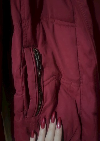 Bordo Kadın  Kürklü Kapüşonlu Mavi mont parka - Görsel 3