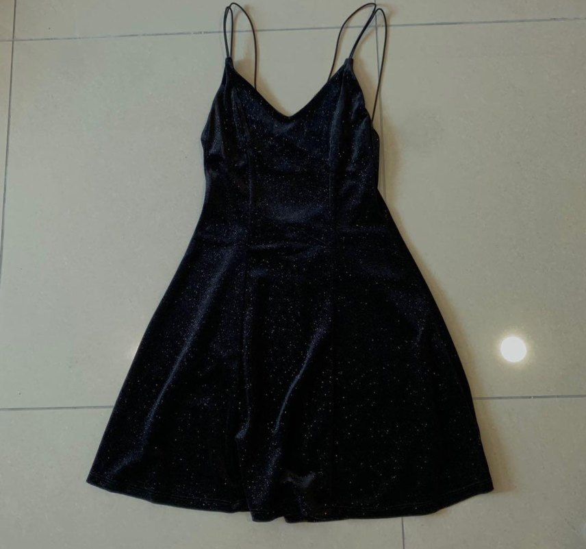 İnce Askılı Siyah Simli Kadife H&M Elbise - Görsel 2