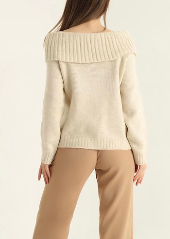 Bej Kayık Yaka Kadın Triko Kazak - Görsel 2