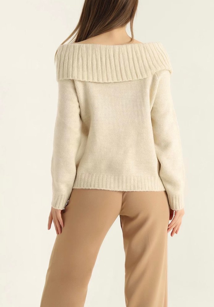 Bej Kayık Yaka Kadın Triko Kazak - Görsel 2