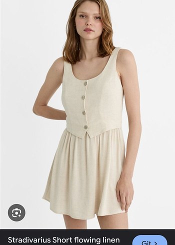 Stradivarius Bej Kolsuz Mini Keten Elbise