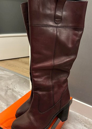 Diğer Bordo Deri Tokalı Dizüstü Topuklu Çizme