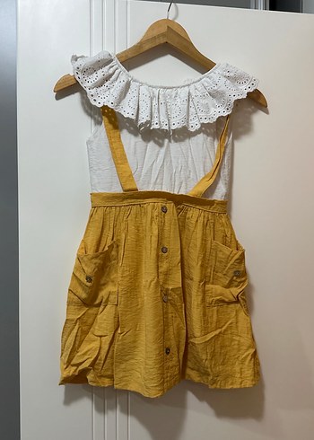 Kız Çocuk Sarı Keten Nakışlı Elbise - Görsel 2