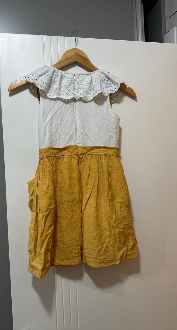 Kız Çocuk Sarı Keten Nakışlı Elbise - Görsel 4