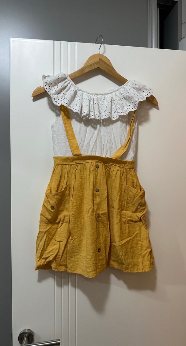 Kız Çocuk Sarı Keten Nakışlı Elbise - Görsel 2