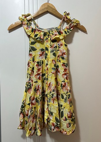 Sarı Çiçekli Fırfırlı Kız Elbisesi - Görsel 2