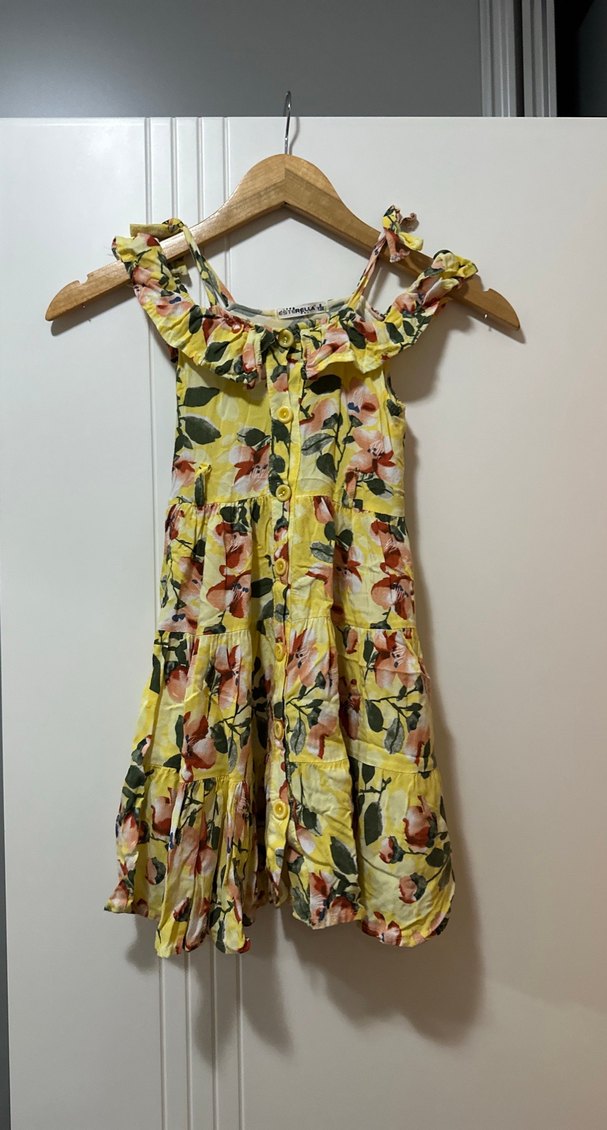 Sarı Çiçekli Fırfırlı Kız Elbisesi - Görsel 2