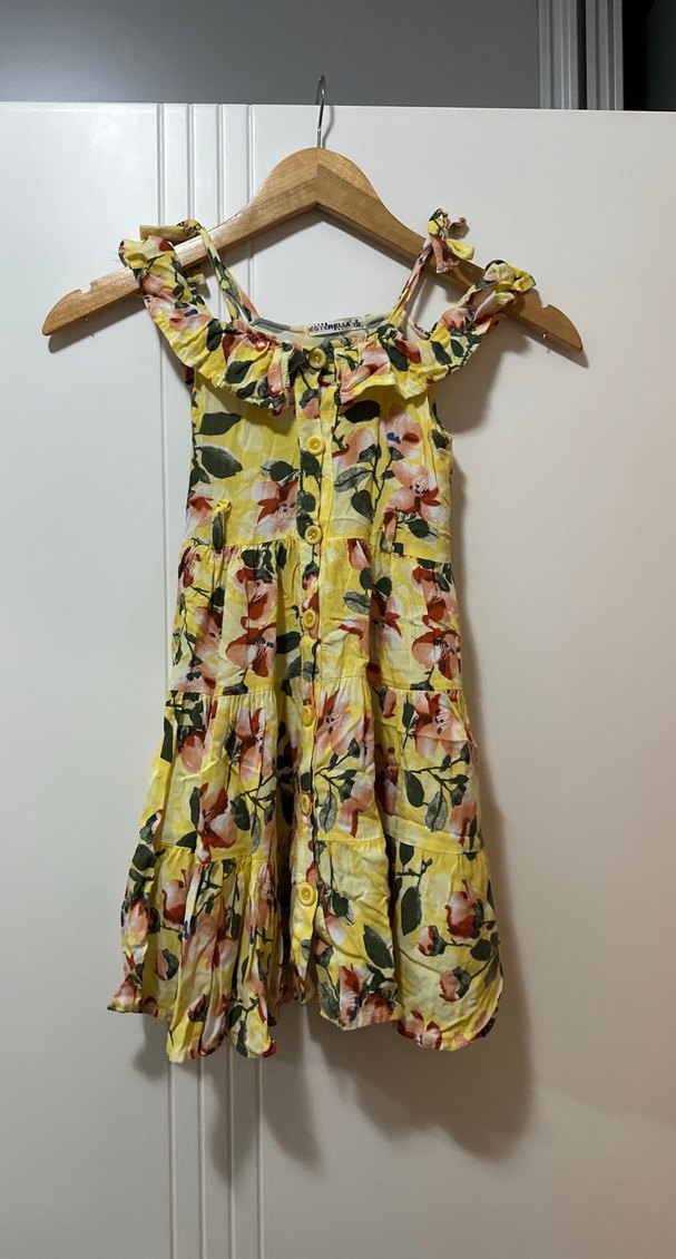 Sarı Çiçekli Fırfırlı Kız Elbisesi - Görsel 3