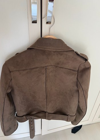 kahve Süet Kemerli Kısa Biker Ceket - Görsel 3