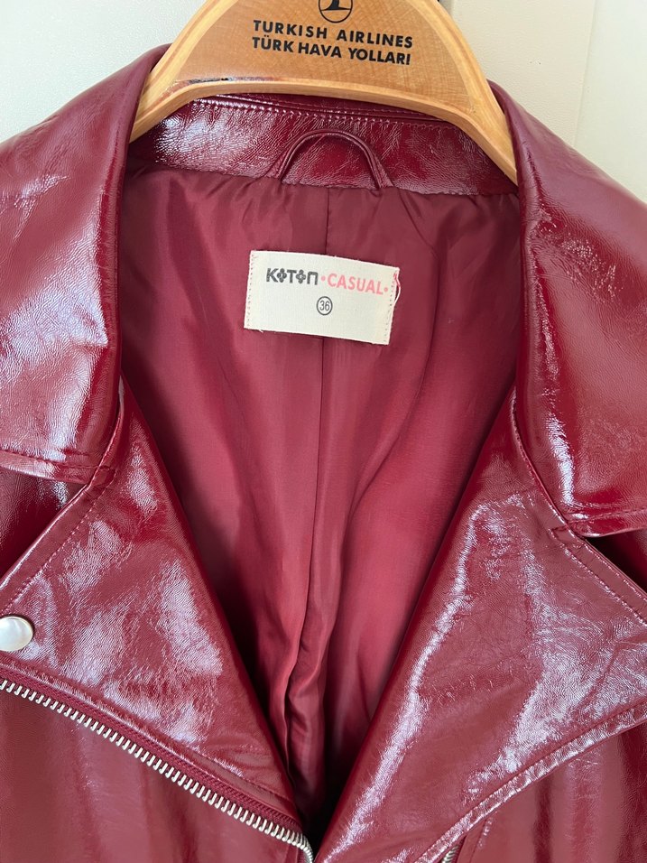 Bordo Parlak Deri Kadın Biker Ceket - Görsel 2