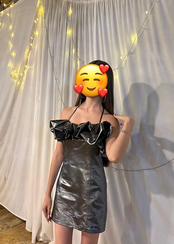 Parlak Siyah Deri Straplez Mini Elbise - Görsel 2