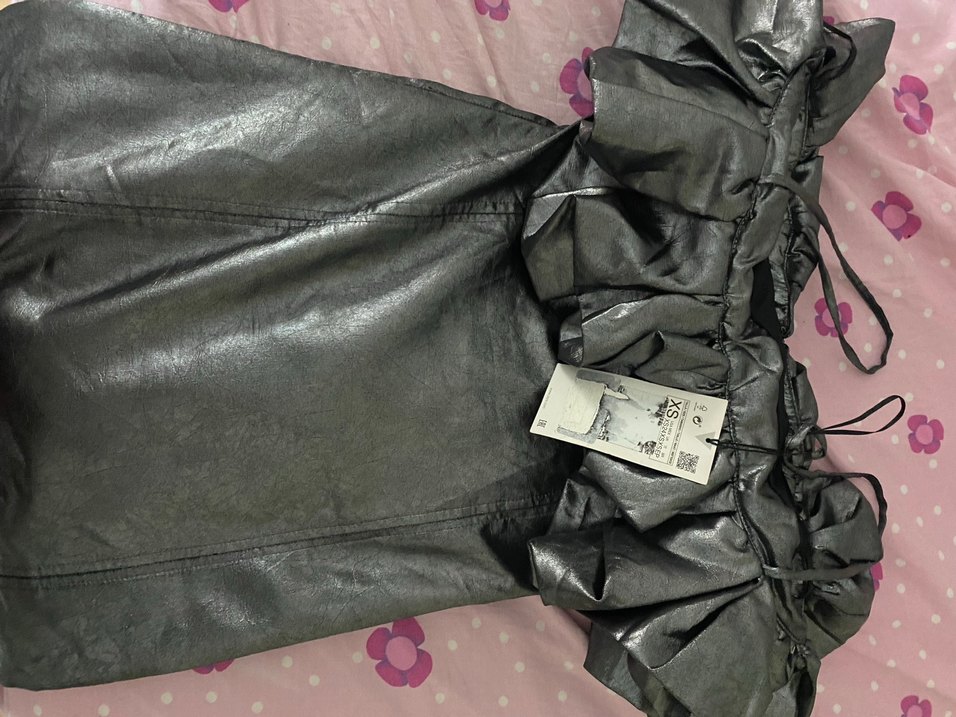 Parlak Siyah Deri Straplez Mini Elbise - Görsel 4