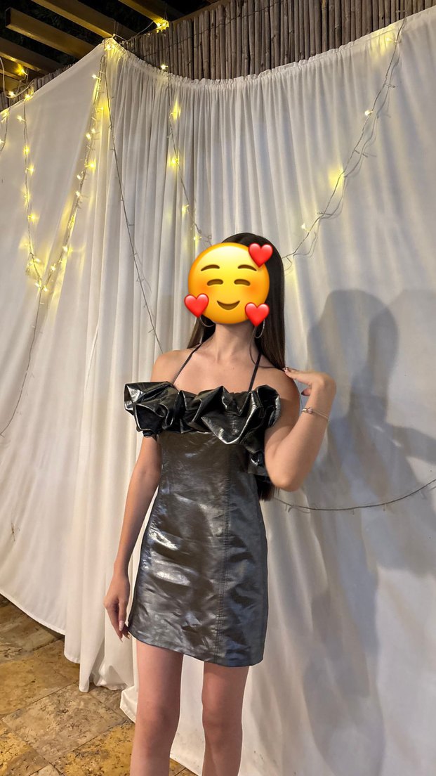 Parlak Siyah Deri Straplez Mini Elbise - Görsel 2