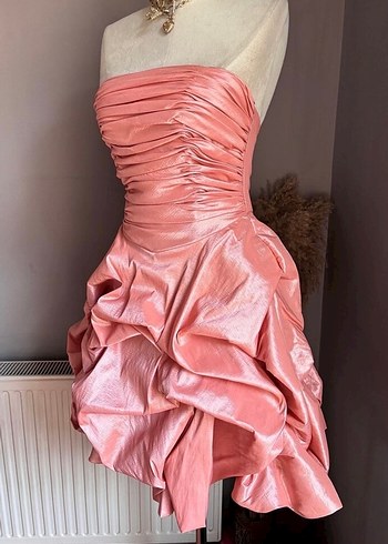 Pudra Pileli Straplez Mini Abiye Elbise - Görsel 6