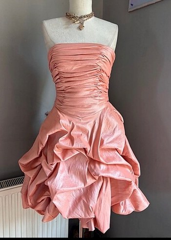 Pudra Pileli Straplez Mini Abiye Elbise - Görsel 2