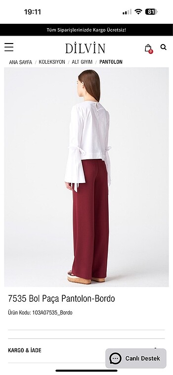 Dilvin Dilvin bordo plazzo pantolon