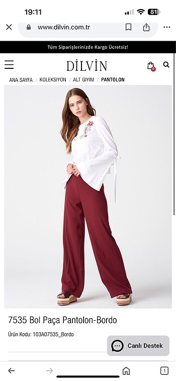 Dilvin bordo plazzo pantolon