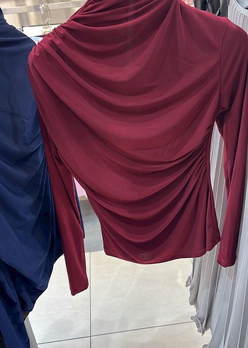 Bordo Yüksek Yakalı Drapeli Kadın Bluz