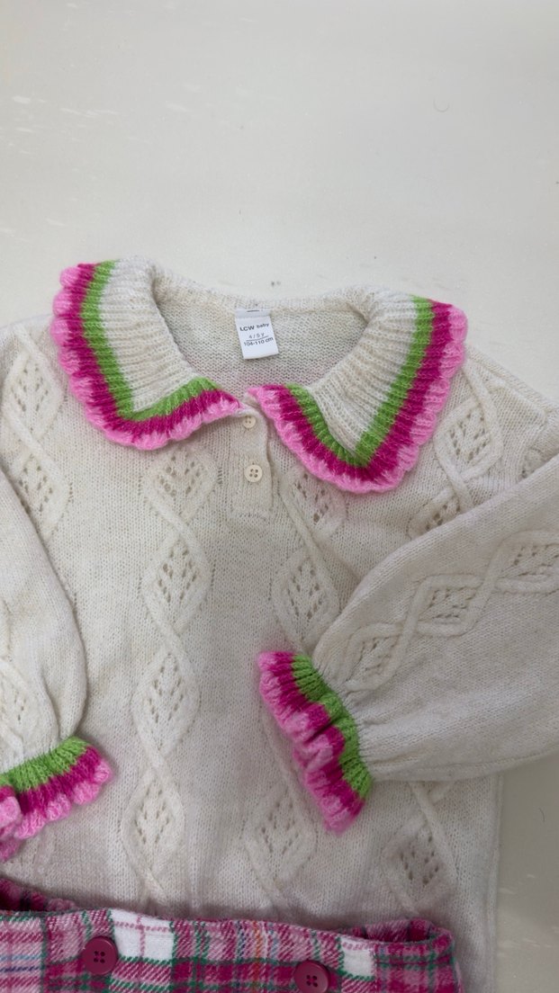 Pembe Ekoseli Kız Bebek Örgü Takım - Görsel 2