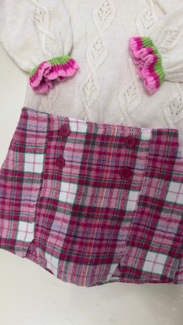 Pembe Ekoseli Kız Bebek Örgü Takım - Görsel 3