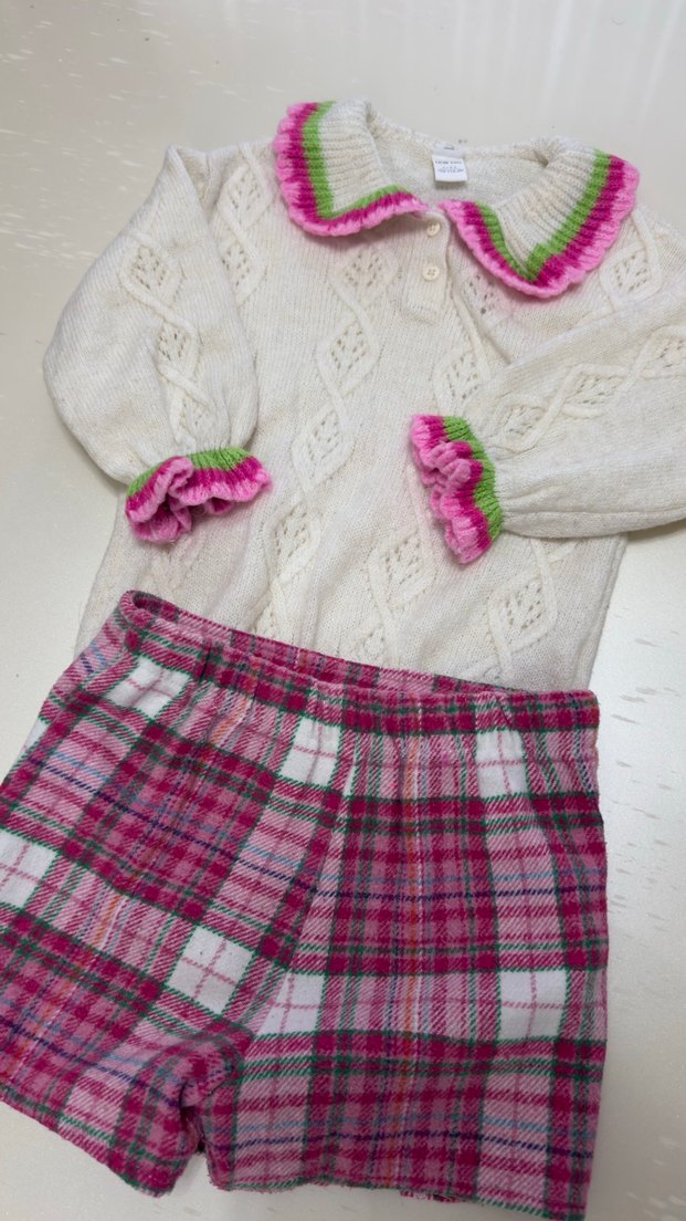 Pembe Ekoseli Kız Bebek Örgü Takım - Görsel 4