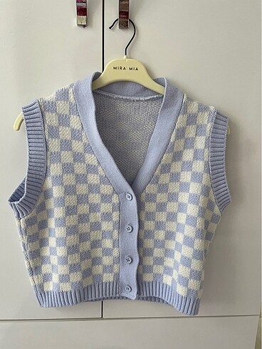 Mor beyaz kareli mini / crop yelek
