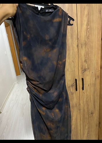 Kahverengi Drapeli Uzun Straplez Elbise - Görsel 4