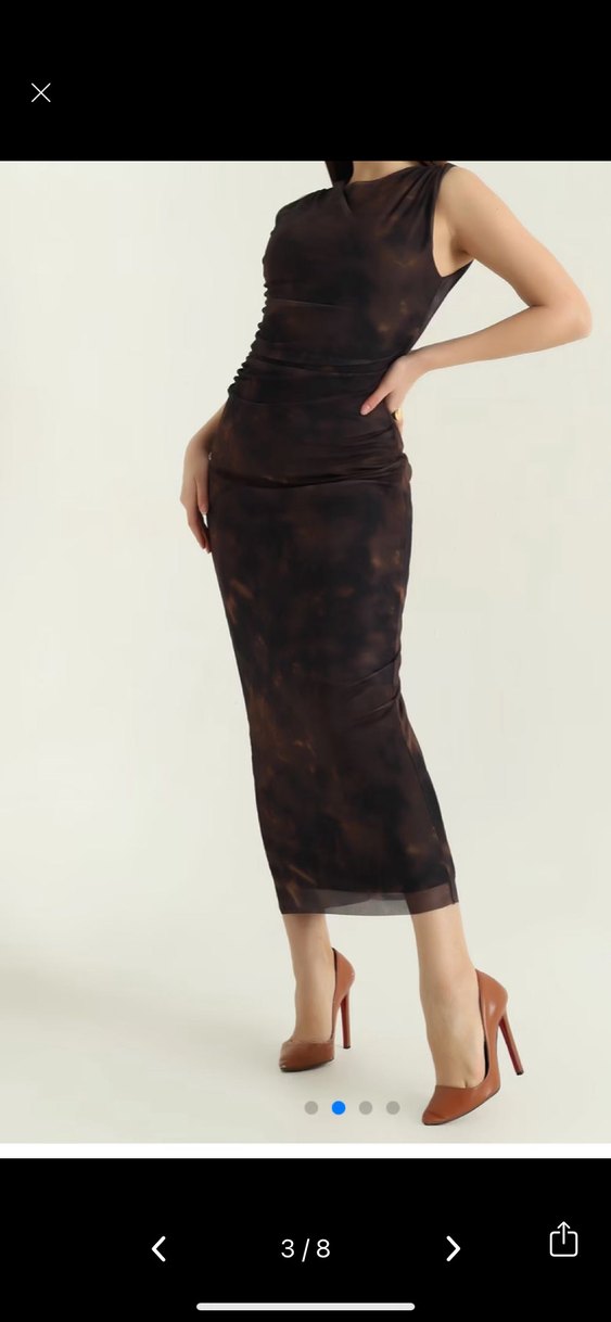 Kahverengi Drapeli Uzun Straplez Elbise - Görsel 3