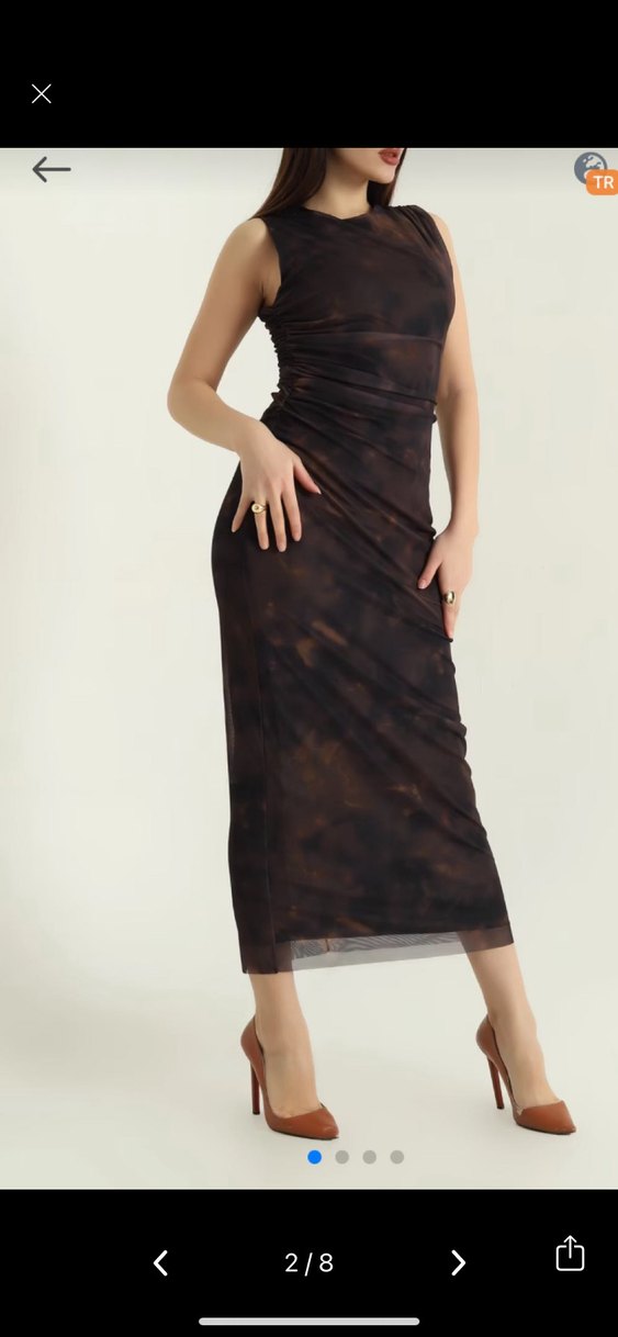 Kahverengi Drapeli Uzun Straplez Elbise - Görsel 2