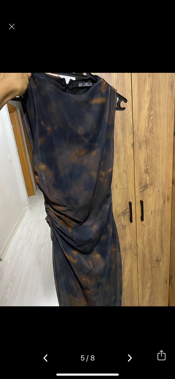 Kahverengi Drapeli Uzun Straplez Elbise - Görsel 4