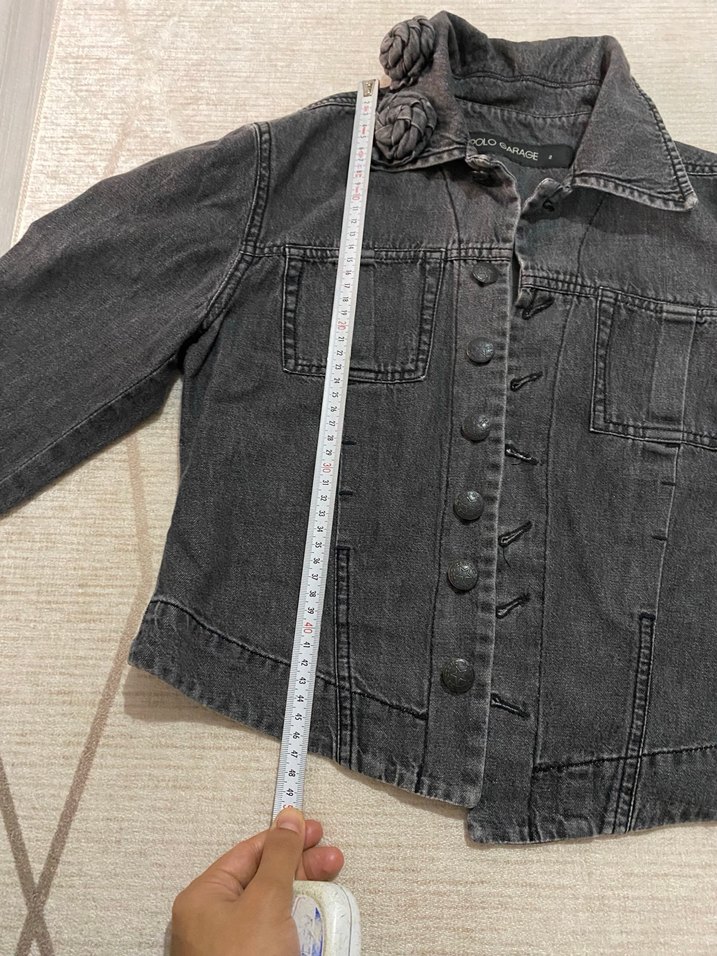 Düğmeli Koyu Gri Kadın Denim Ceket - Görsel 4