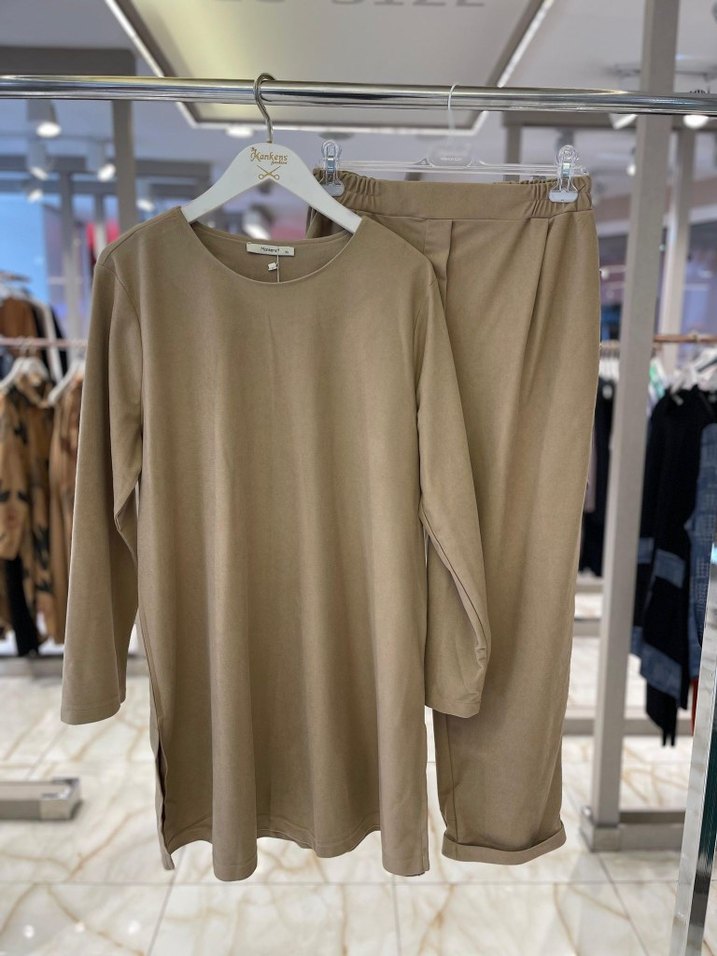 büyük beden gri  ve bej renkler Kadın Salaş Takım Uzun Kollu - Görsel 2