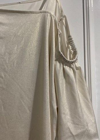 Beyaz Parlak Askısız Keten Bluz - Görsel 3