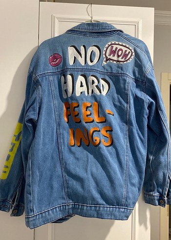 Düğmeli Baskılı Mavi Denim Ceket - Görsel 5