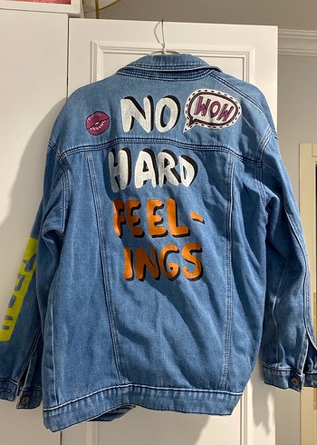 Düğmeli Baskılı Mavi Denim Ceket - Görsel 4