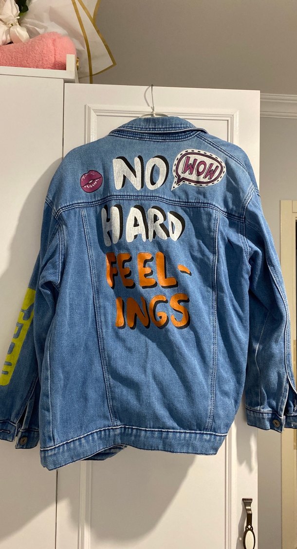 Düğmeli Baskılı Mavi Denim Ceket - Görsel 4