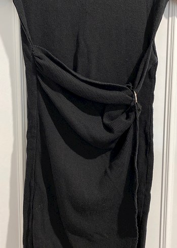 Siyah Kısa Kollu Midi Keten Elbise - Görsel 4